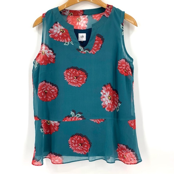 Cabi Blushing Blouse # 3445, Chrysanthemum Print Teal Sleeveless Blouse, Medium - Picture 13 of 16